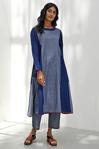 Navy Blue Handloom Cotton Embroidered Striped Tunic by Payal Pratap