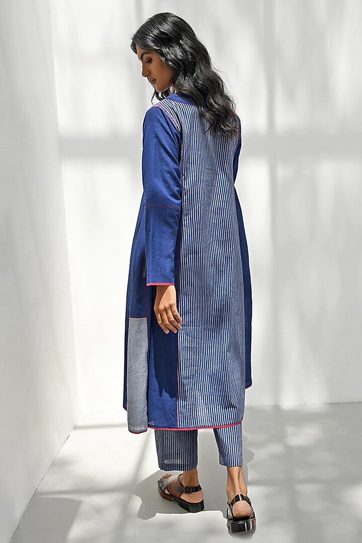 Navy Blue Handloom Cotton Embroidered Striped Tunic by Payal Pratap at Pernia's Pop Up Shop