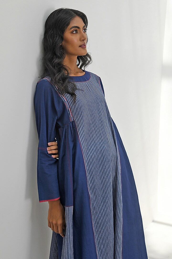Navy Blue Handloom Cotton Embroidered Striped Tunic by Payal Pratap at Pernia's Pop Up Shop