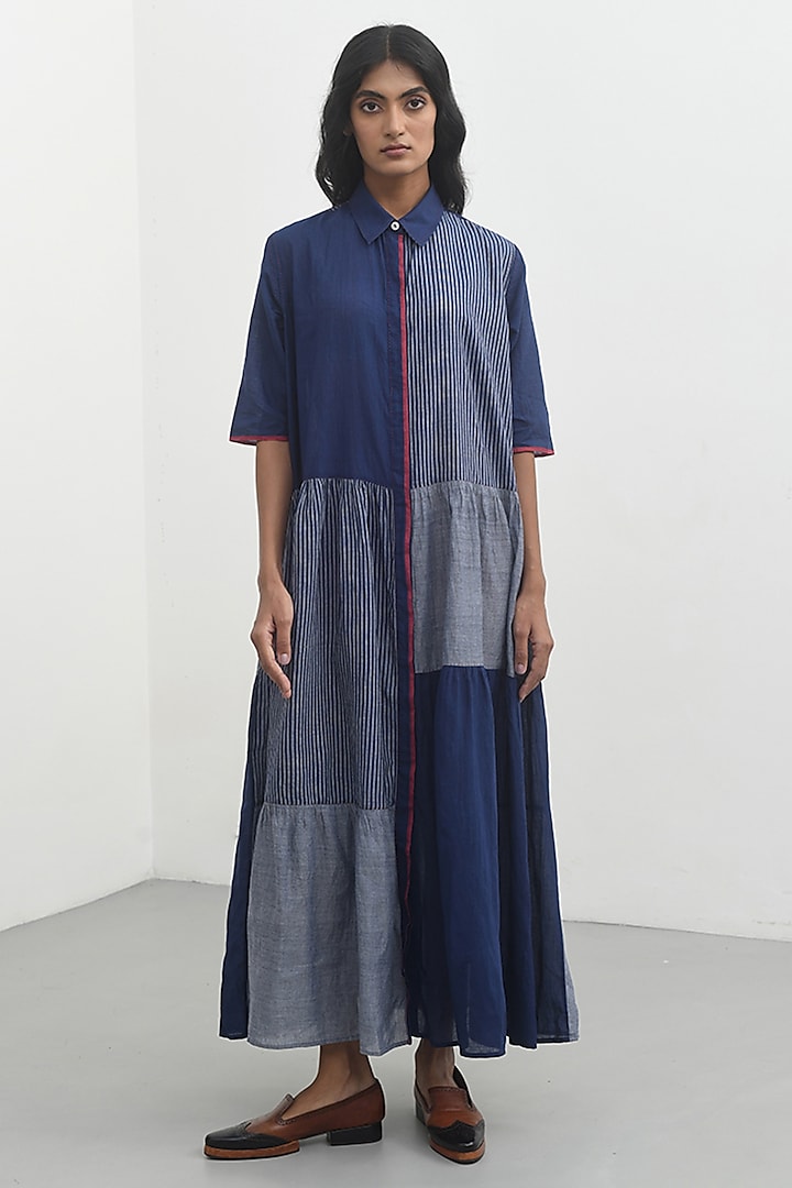 Navy Blue Handloom Cotton Striped Maxi Dress by Payal Pratap at Pernia's Pop Up Shop