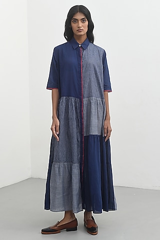 Navy Blue Handloom Cotton Striped Maxi Dress by Payal Pratap