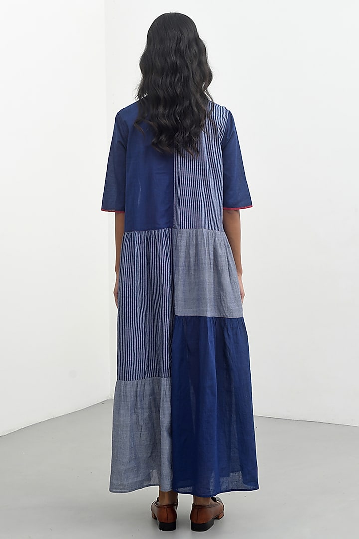 Navy Blue Handloom Cotton Striped Maxi Vacation Dress by Payal Pratap at Pernia's Pop Up Shop