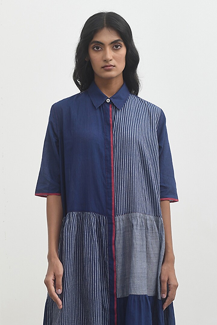 Navy Blue Handloom Cotton Striped Maxi Vacation Dress by Payal Pratap at Pernia's Pop Up Shop