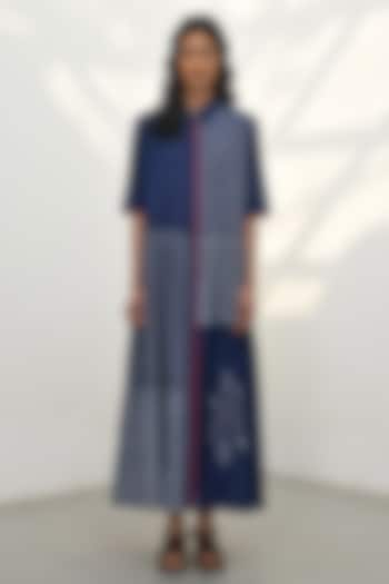 Navy Blue Handloom Cotton Striped Tiered Maxi Dress by Payal Pratap at Pernia's Pop Up Shop