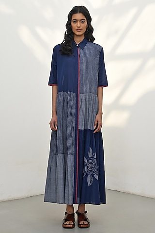 Navy Blue Handloom Cotton Striped Tiered Maxi Dress by Payal Pratap
