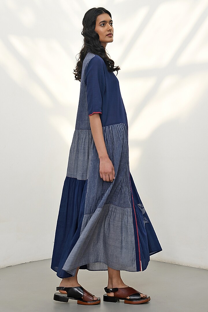 Navy Blue Handloom Cotton Striped Tiered Maxi Vacation Dress by Payal Pratap at Pernia's Pop Up Shop