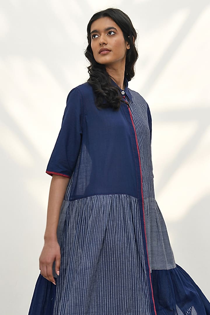 Navy Blue Handloom Cotton Striped Tiered Maxi Vacation Dress by Payal Pratap at Pernia's Pop Up Shop