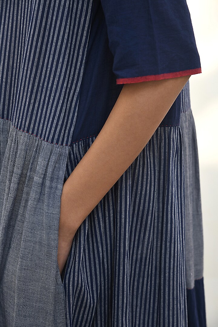 Navy Blue Handloom Cotton Striped Tiered Maxi Vacation Dress by Payal Pratap at Pernia's Pop Up Shop