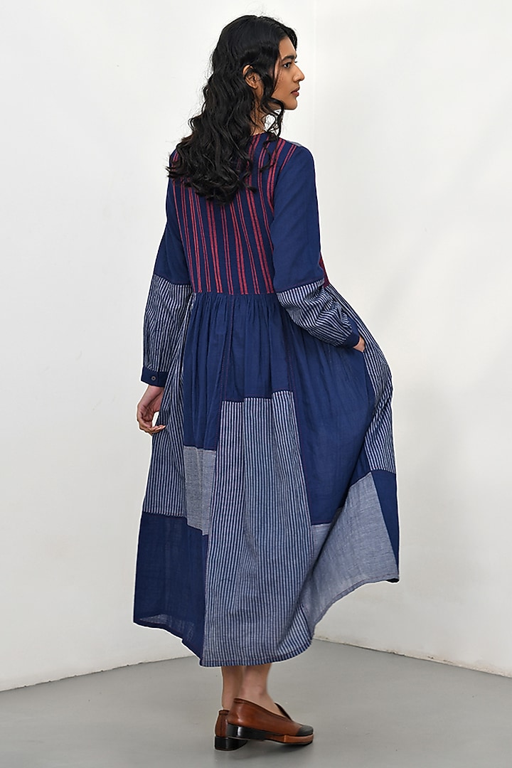 Navy Blue Handloom Cotton Striped Pleated Maxi Vacation Dress by Payal Pratap at Pernia's Pop Up Shop