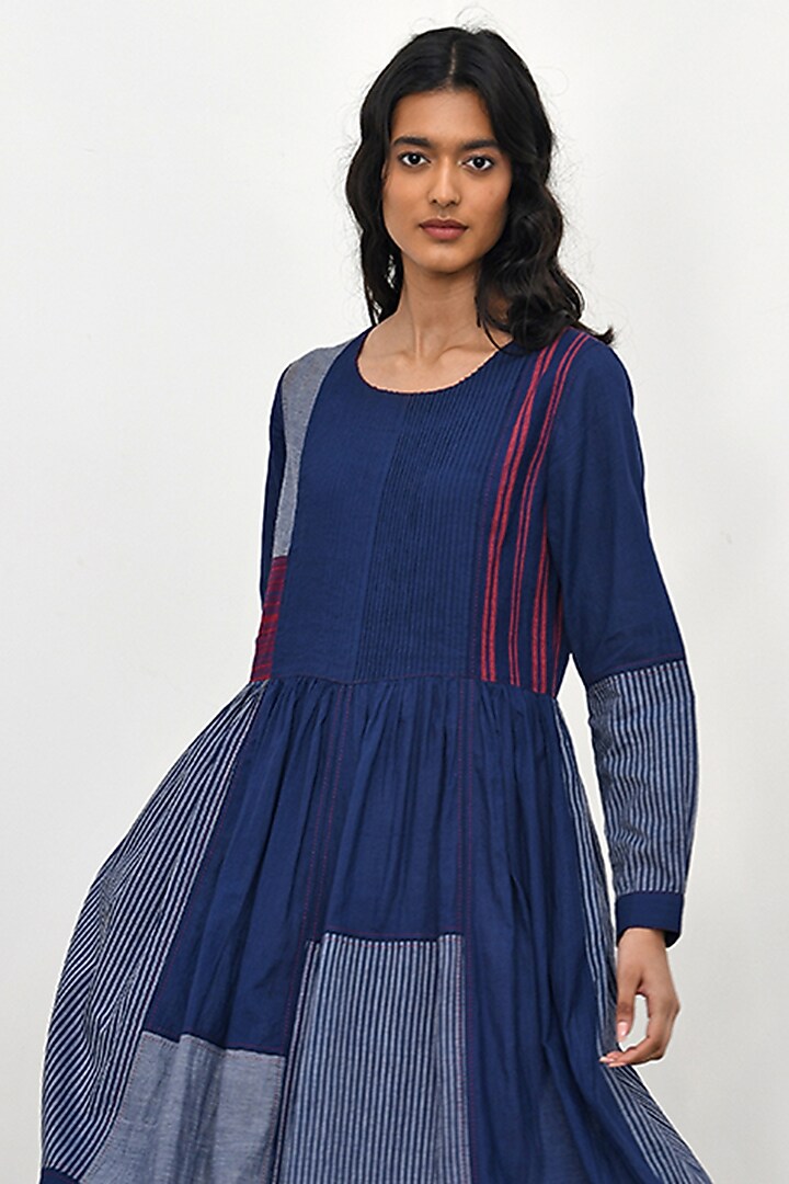 Navy Blue Handloom Cotton Striped Pleated Maxi Vacation Dress by Payal Pratap at Pernia's Pop Up Shop