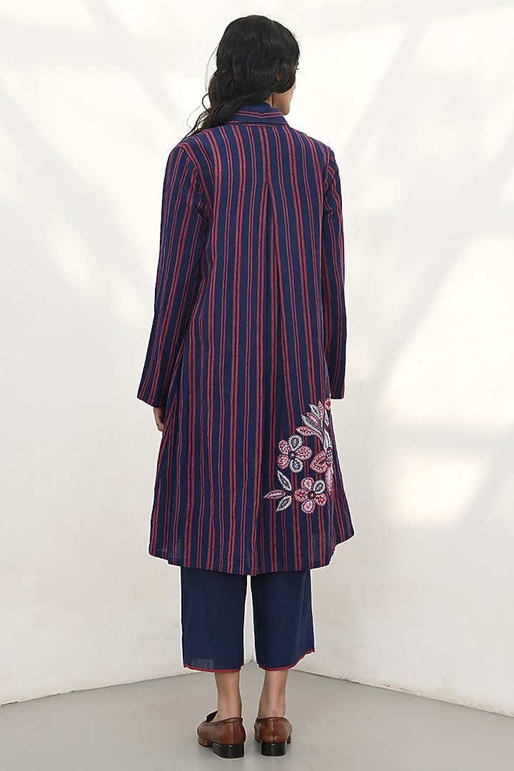 Navy Blue Handloom Linen Striped Overlay Jacket by Payal Pratap at Pernia's Pop Up Shop