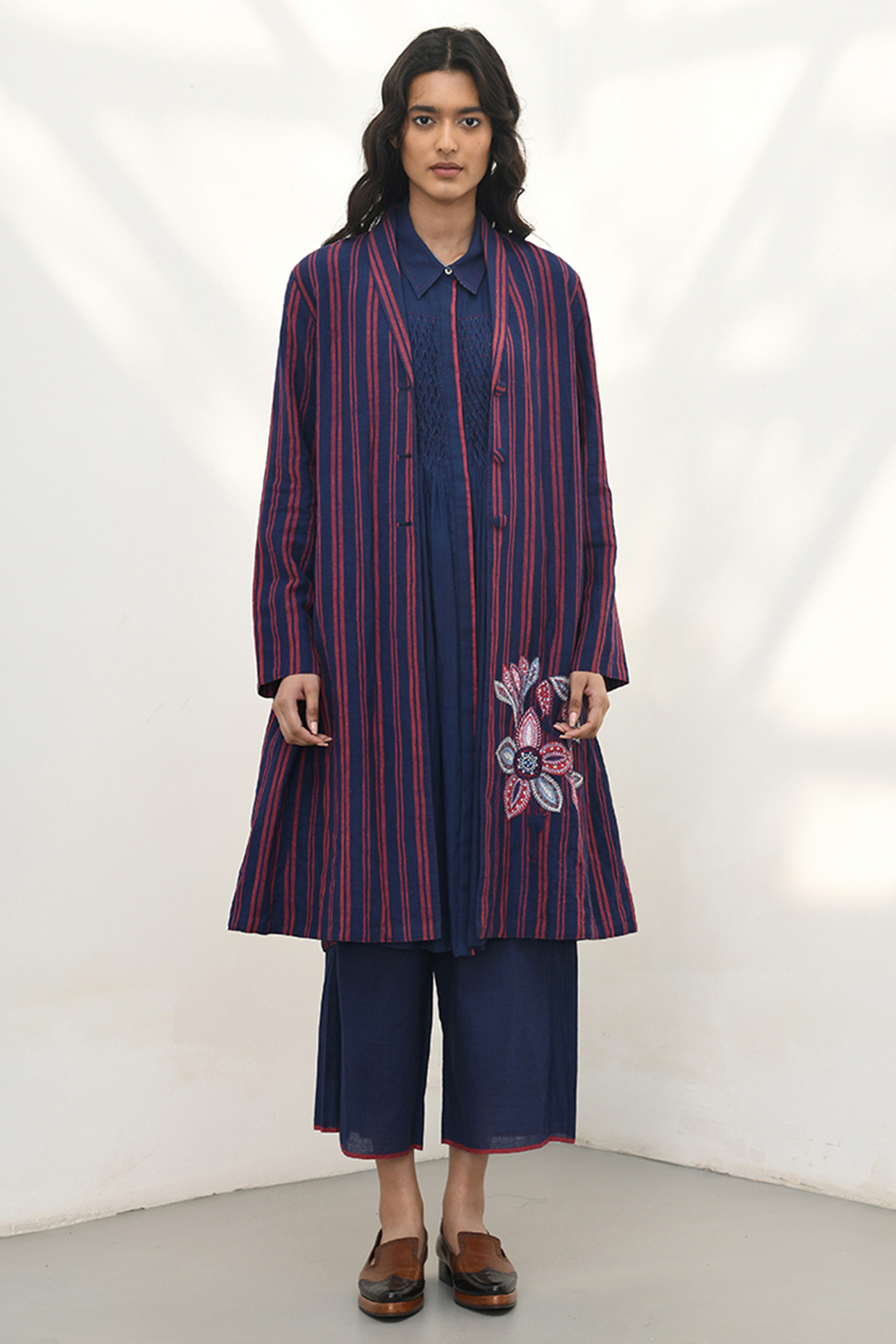 Navy Blue Handloom Linen Striped Overlay Jacket by Payal Pratap at Pernia's Pop Up Shop