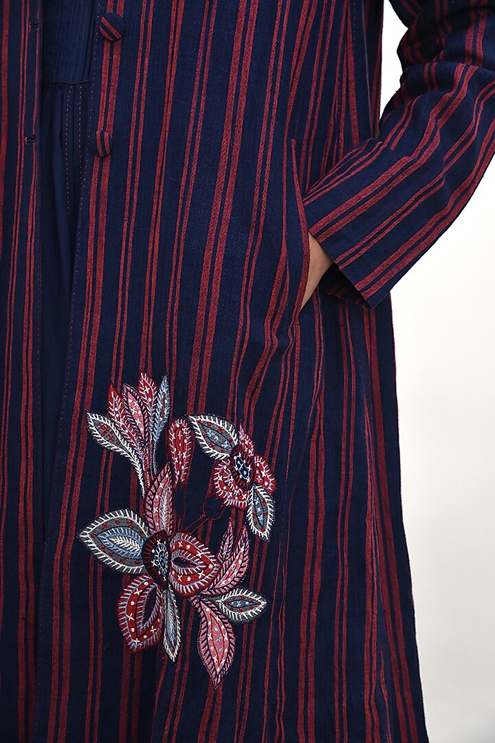 Navy Blue Handloom Linen Striped Overlay Jacket by Payal Pratap at Pernia's Pop Up Shop