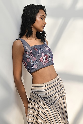 Blue Chambray Linen Applique Embroidered Crop Top by Payal Pratap