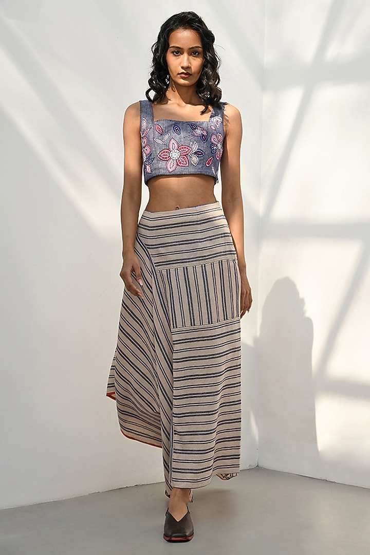 Blue Chambray Linen Applique Embroidered Crop Top by Payal Pratap at Pernia's Pop Up Shop