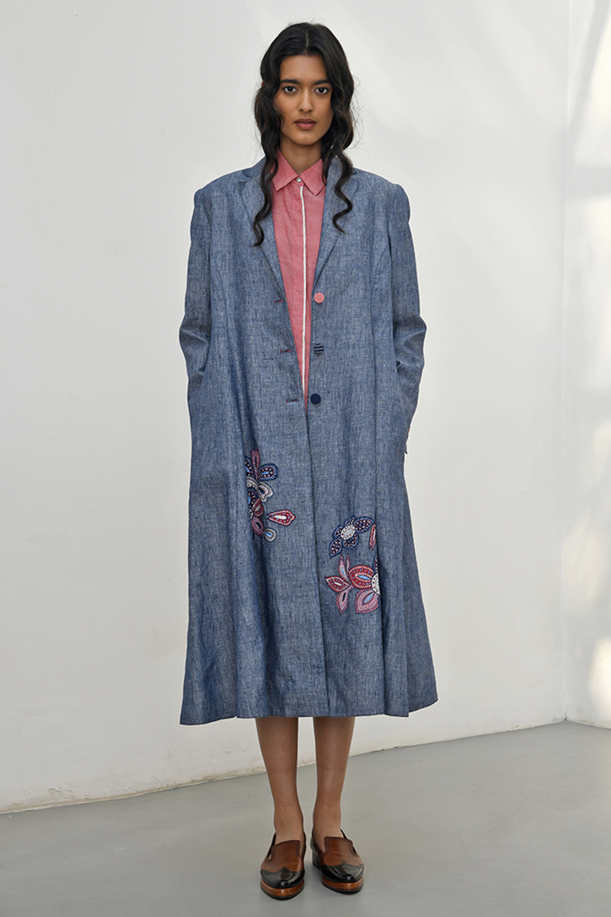 Blue Chambray Linen Floral Applique Embroidered A-Line Jacket by Payal Pratap at Pernia's Pop Up Shop