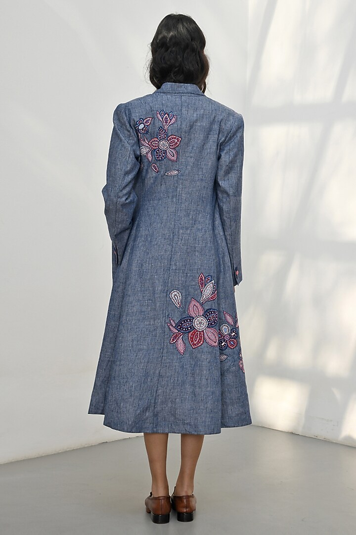 Blue Chambray Linen Floral Applique Embroidered A-Line Jacket by Payal Pratap at Pernia's Pop Up Shop