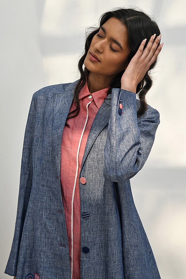 Blue Chambray Linen Floral Applique Embroidered A-Line Jacket by Payal Pratap at Pernia's Pop Up Shop