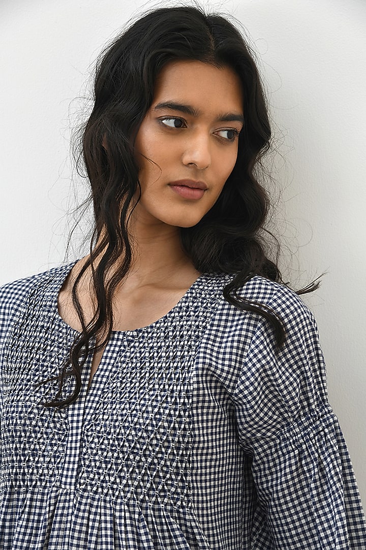 Navy Blue Handloom Cotton Embroidered Smocked Mini Vacation Dress by Payal Pratap at Pernia's Pop Up Shop