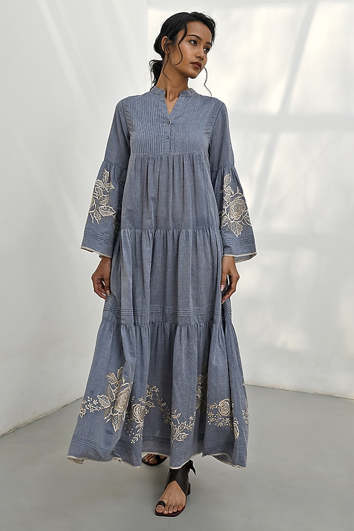 Blue Chambray Cotton Floral Embroidered Maxi Dress by Payal Pratap at Pernia's Pop Up Shop