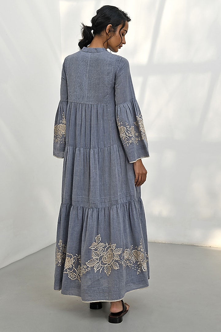 Blue Chambray Cotton Floral Embroidered Maxi Cocktail Dress by Payal Pratap at Pernia's Pop Up Shop