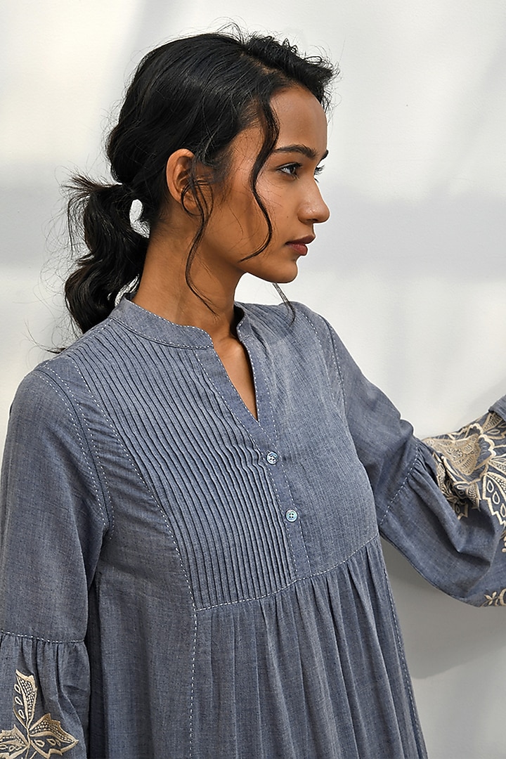 Blue Chambray Cotton Floral Embroidered Maxi Cocktail Dress by Payal Pratap at Pernia's Pop Up Shop