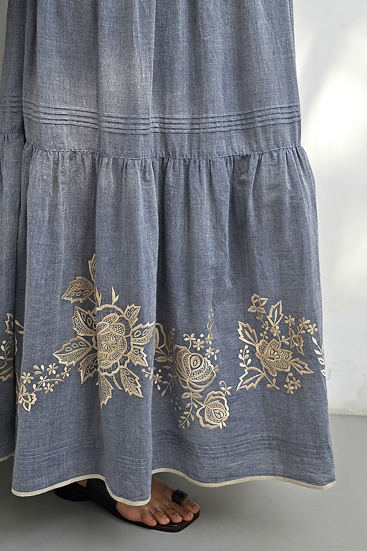 Blue Chambray Cotton Floral Embroidered Maxi Cocktail Dress by Payal Pratap at Pernia's Pop Up Shop