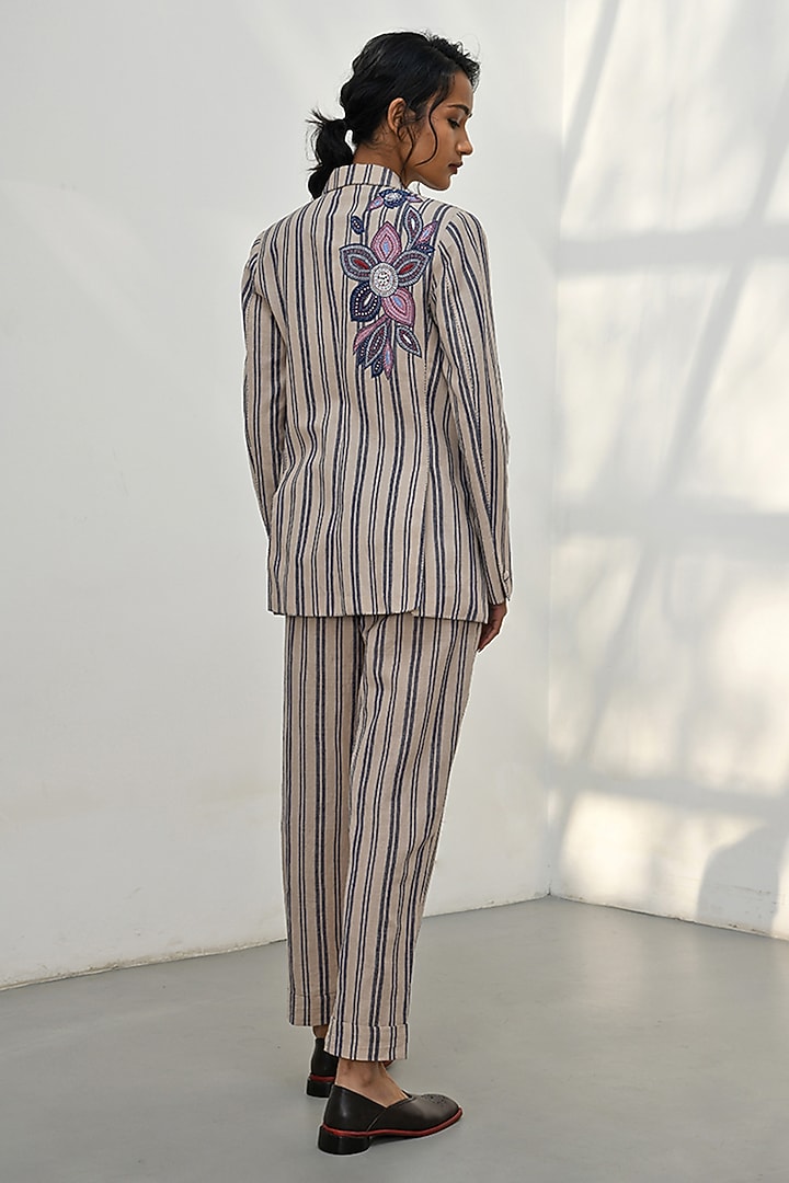 Beige Handloom Linen Striped Jacket by Payal Pratap at Pernia's Pop Up Shop