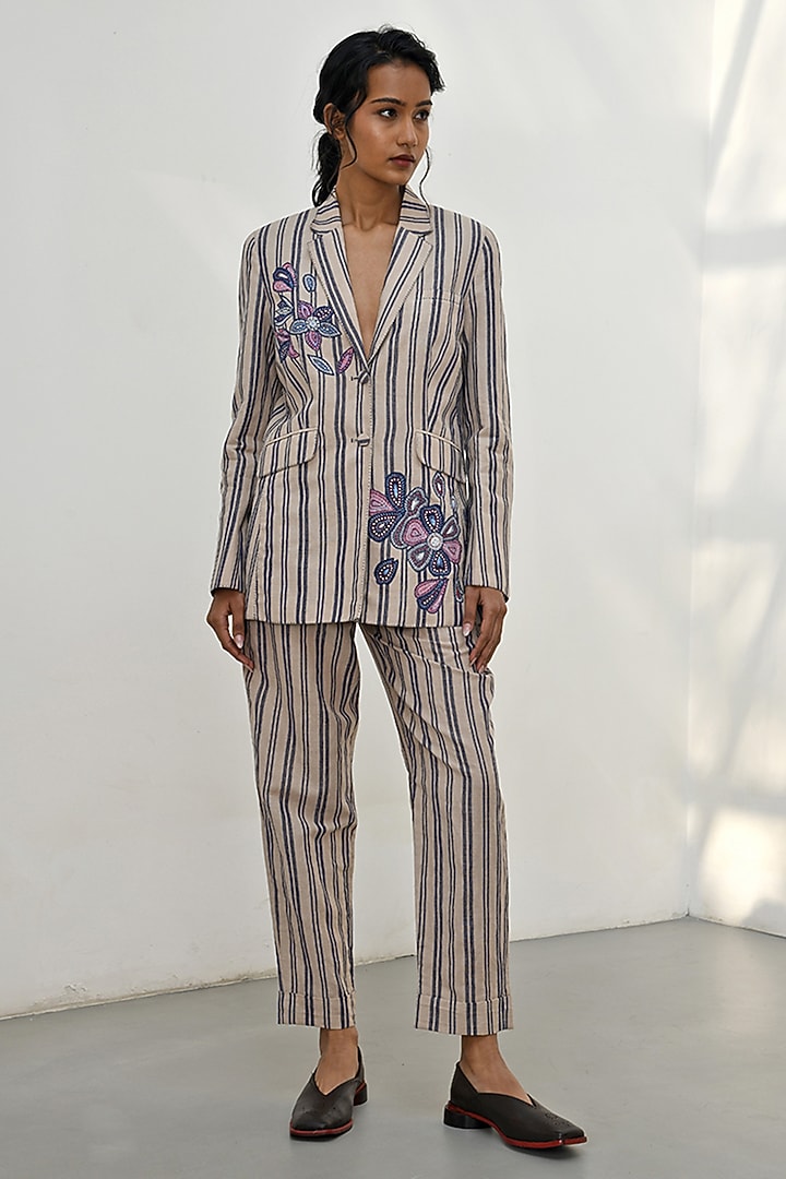 Beige Handloom Linen Striped Jacket by Payal Pratap at Pernia's Pop Up Shop