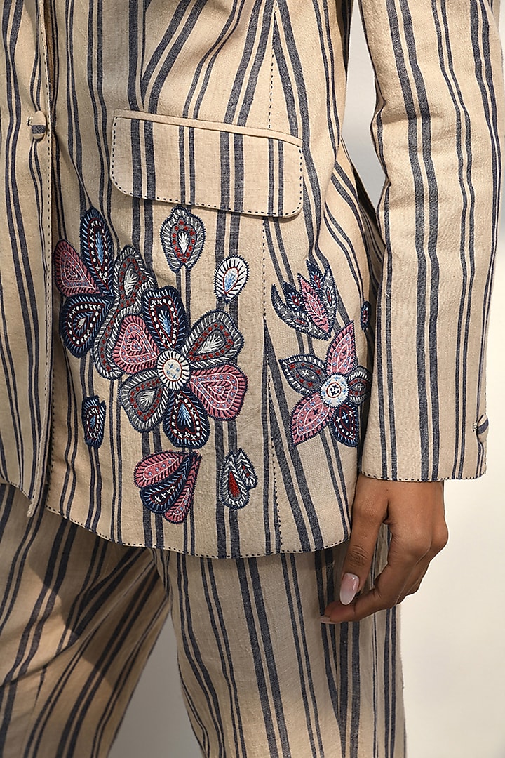 Beige Handloom Linen Striped Jacket by Payal Pratap at Pernia's Pop Up Shop
