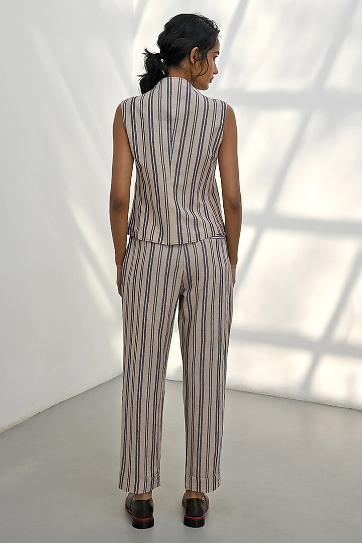 Beige Handloom Linen Striped Gilet by Payal Pratap at Pernia's Pop Up Shop