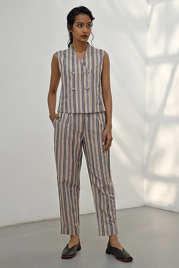 Beige Handloom Linen Striped Gilet by Payal Pratap at Pernia's Pop Up Shop
