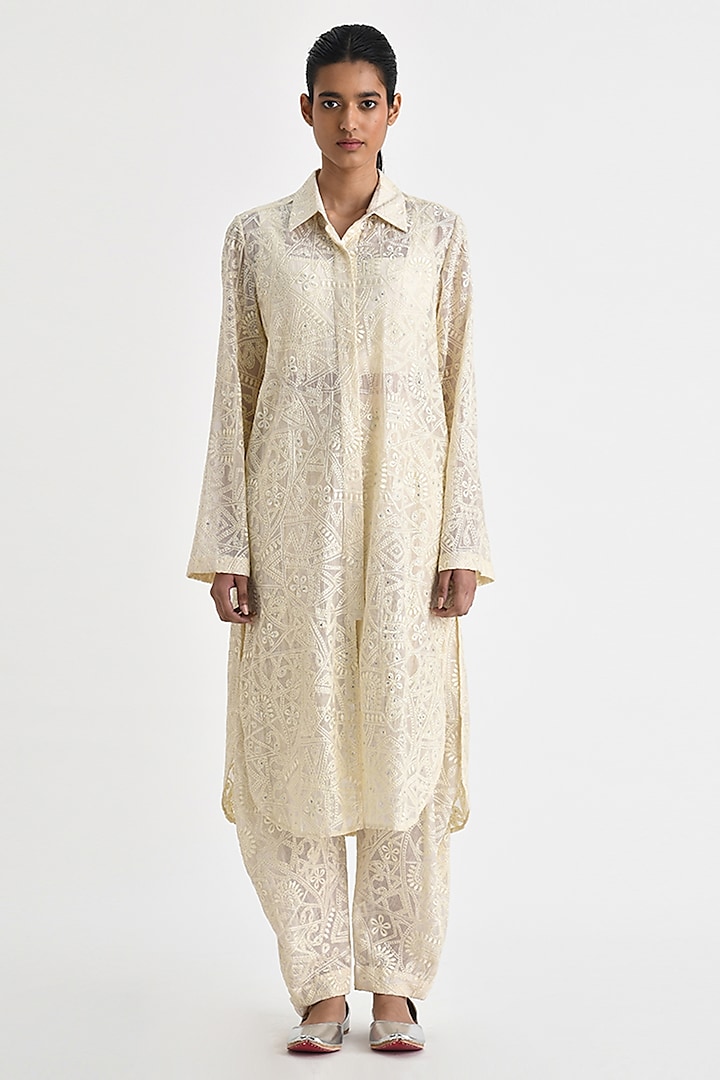 Ecru White Chanderi Hand Embroidered Tunic by Payal Pratap at Pernia's Pop Up Shop