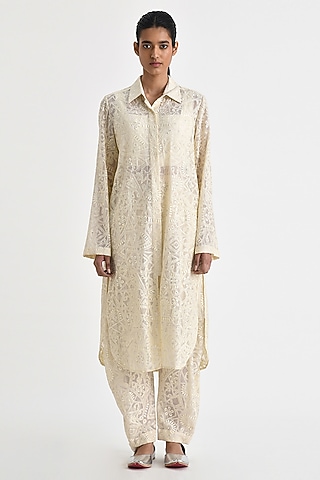 Ecru White Chanderi Hand Embroidered Tunic by Payal Pratap