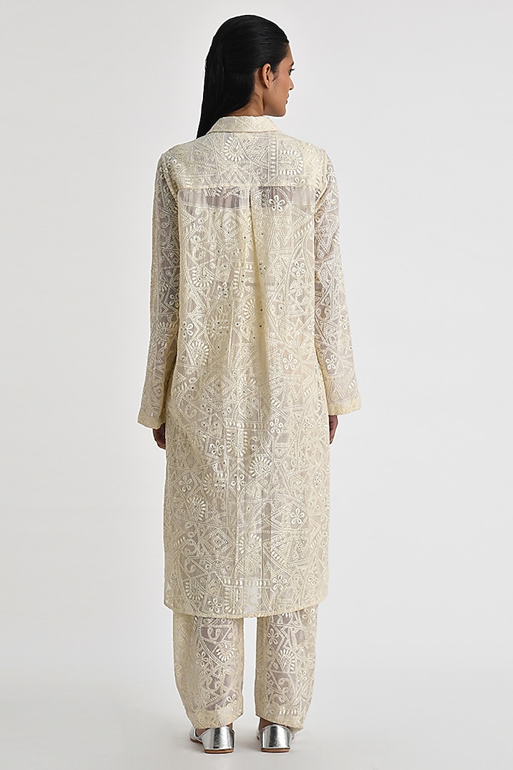 Ecru White Chanderi Hand Embroidered Tunic by Payal Pratap at Pernia's Pop Up Shop