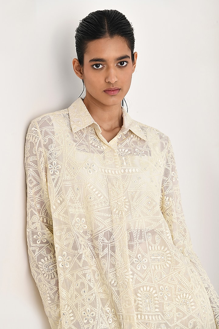 Ecru White Chanderi Hand Embroidered Tunic by Payal Pratap at Pernia's Pop Up Shop