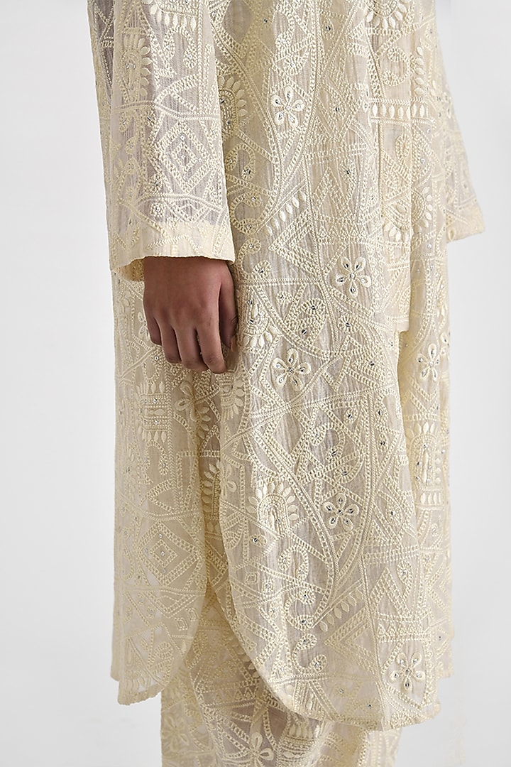 Ecru White Chanderi Hand Embroidered Tunic by Payal Pratap at Pernia's Pop Up Shop