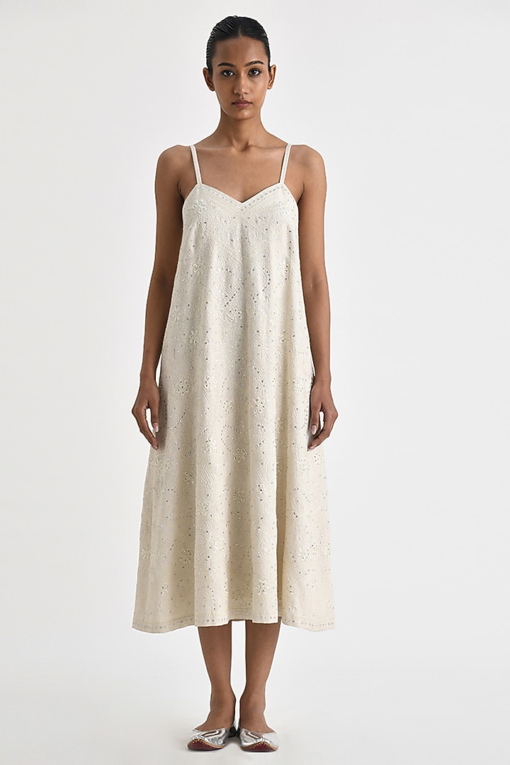 Ecru White Malkha Cotton Thread Embroidered Strappy Party Wear Dress by Payal Pratap at Pernia's Pop Up Shop
