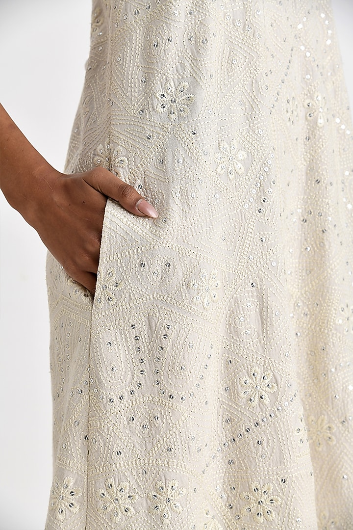 Ecru White Malkha Cotton Thread Embroidered Strappy Party Wear Dress by Payal Pratap at Pernia's Pop Up Shop