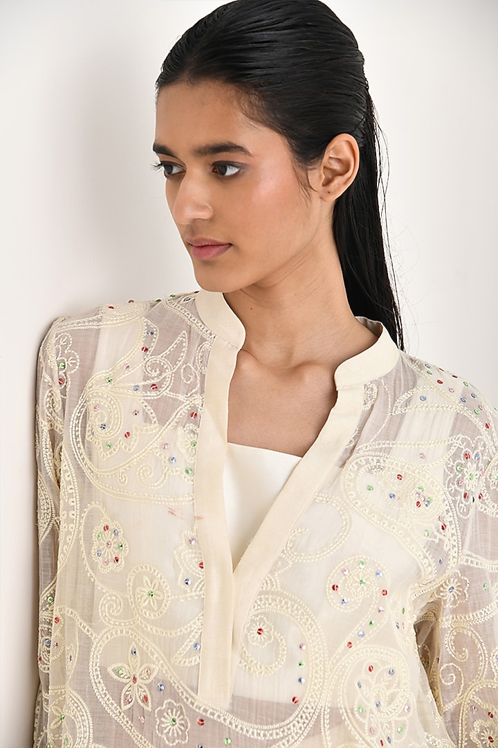 Ecru White Chanderi Sequins Embroidered Kaftan by Payal Pratap at Pernia's Pop Up Shop