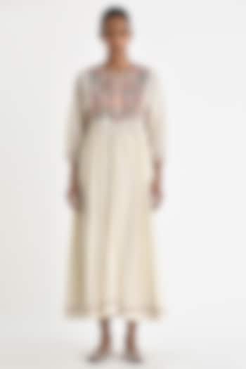 Ecru White Handloom Cotton Hand Embroidered Midi Cocktail Dress by Payal Pratap at Pernia's Pop Up Shop