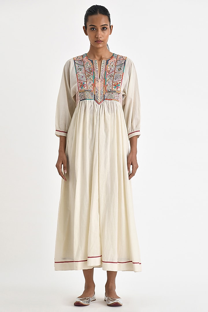 Ecru White Handloom Cotton Hand Embroidered Midi Cocktail Dress by Payal Pratap at Pernia's Pop Up Shop