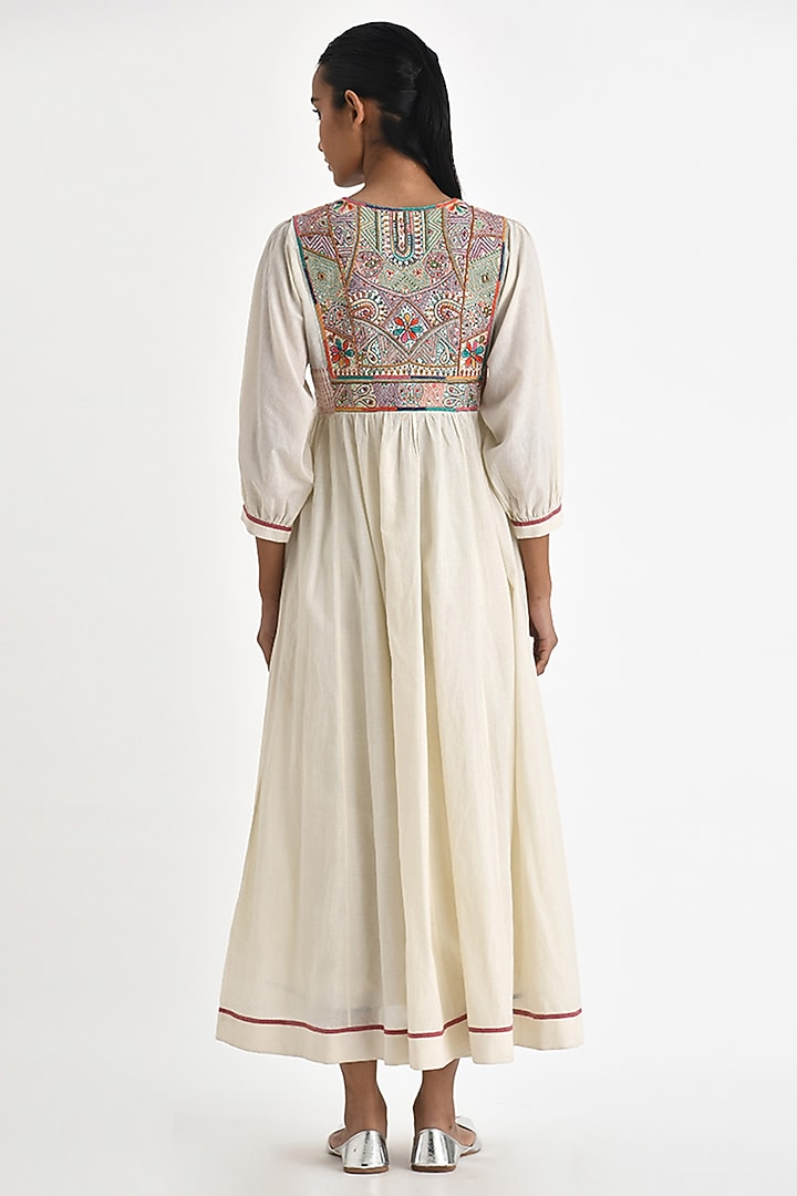 Ecru White Handloom Cotton Hand Embroidered Midi Cocktail Dress by Payal Pratap at Pernia's Pop Up Shop