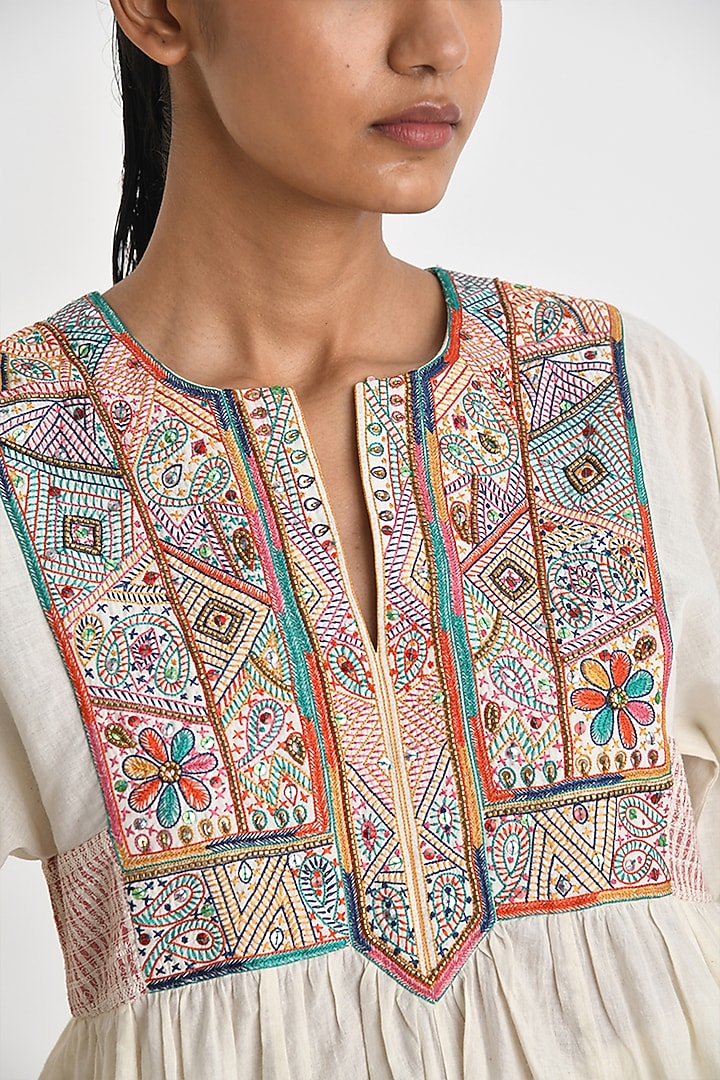 Ecru White Handloom Cotton Hand Embroidered Midi Cocktail Dress by Payal Pratap at Pernia's Pop Up Shop