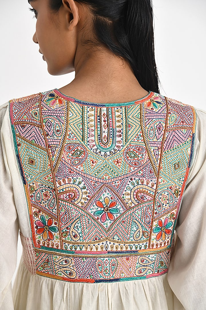 Ecru White Handloom Cotton Hand Embroidered Midi Cocktail Dress by Payal Pratap at Pernia's Pop Up Shop