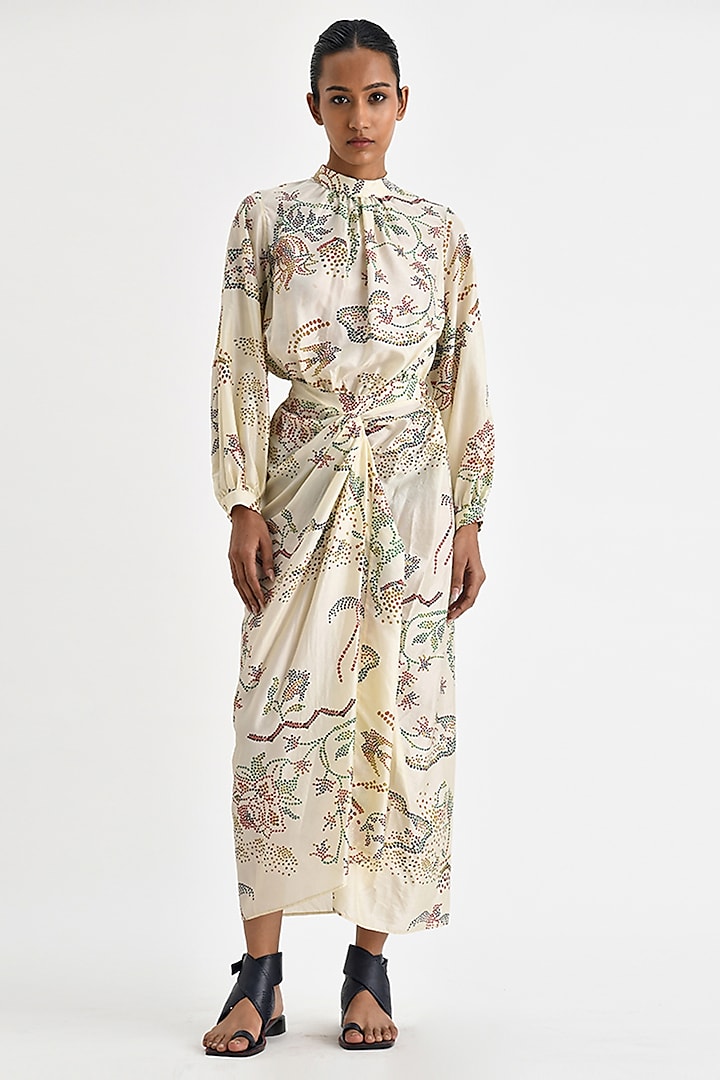 Ecru White Silk Printed Knotted Dress by Payal Pratap at Pernia's Pop Up Shop