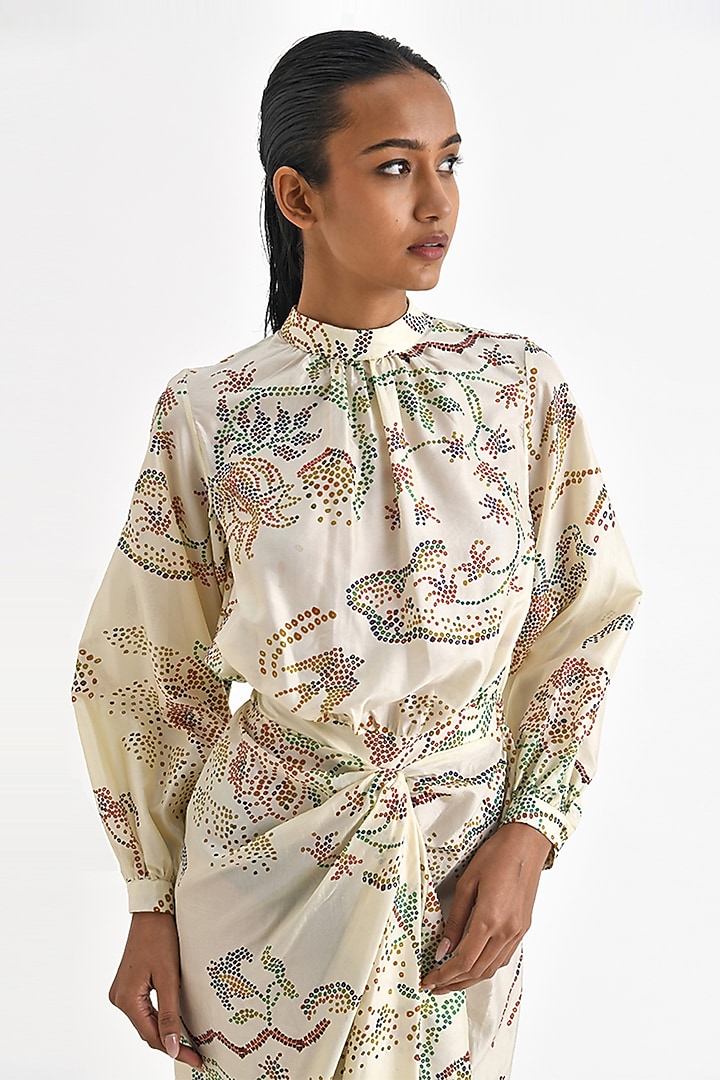 Ecru White Silk Printed Knotted Cocktail Dress by Payal Pratap at Pernia's Pop Up Shop