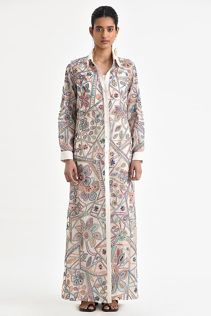 Ecru White Chanderi Hand Embroidered Shirt Dress by Payal Pratap at Pernia's Pop Up Shop