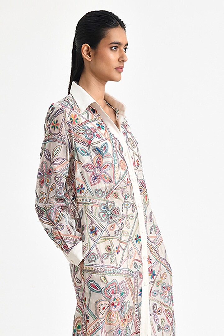 Ecru White Chanderi Hand Embroidered Party Wear Shirt Dress by Payal Pratap at Pernia's Pop Up Shop