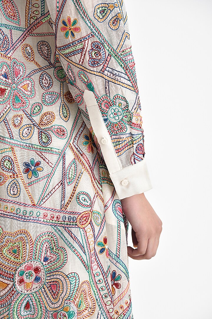 Ecru White Chanderi Hand Embroidered Party Wear Shirt Dress by Payal Pratap at Pernia's Pop Up Shop